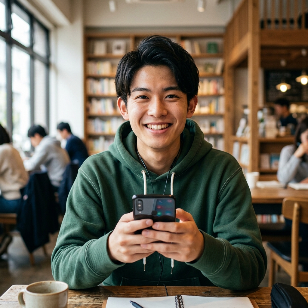 Japanese male student practicing JLPT on phone