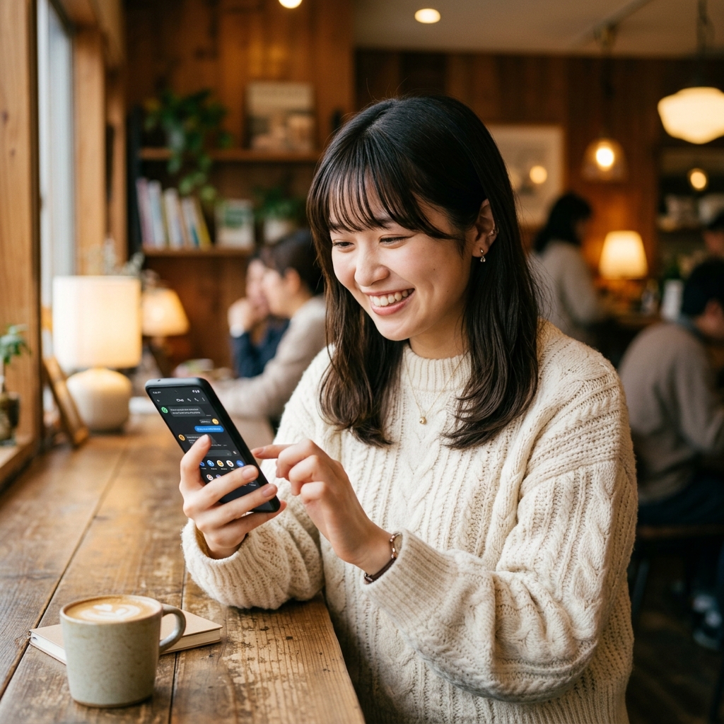 Japanese female student enjoying learning on smartphone